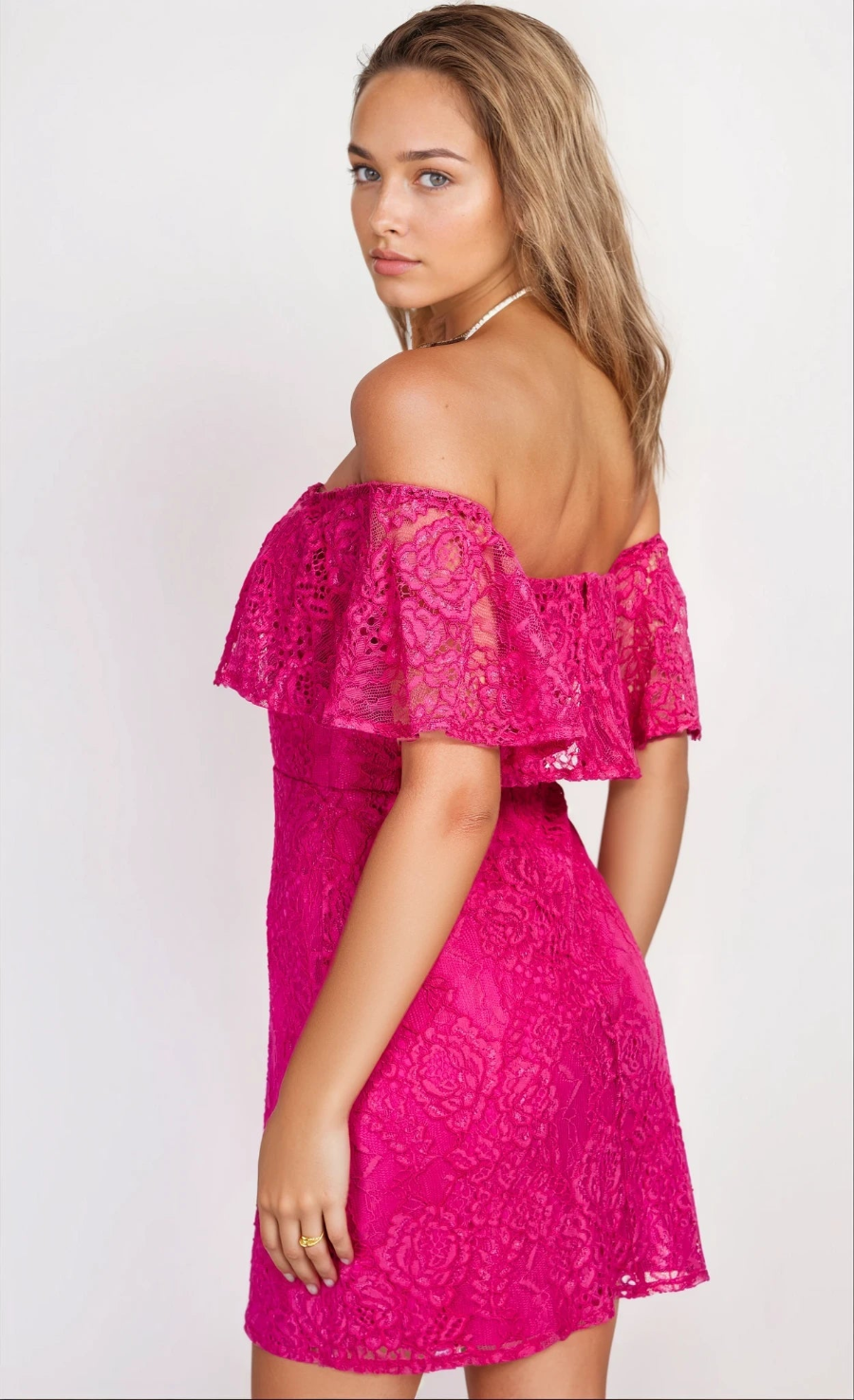 iSKA Pink Lace Bardot Mini Dress