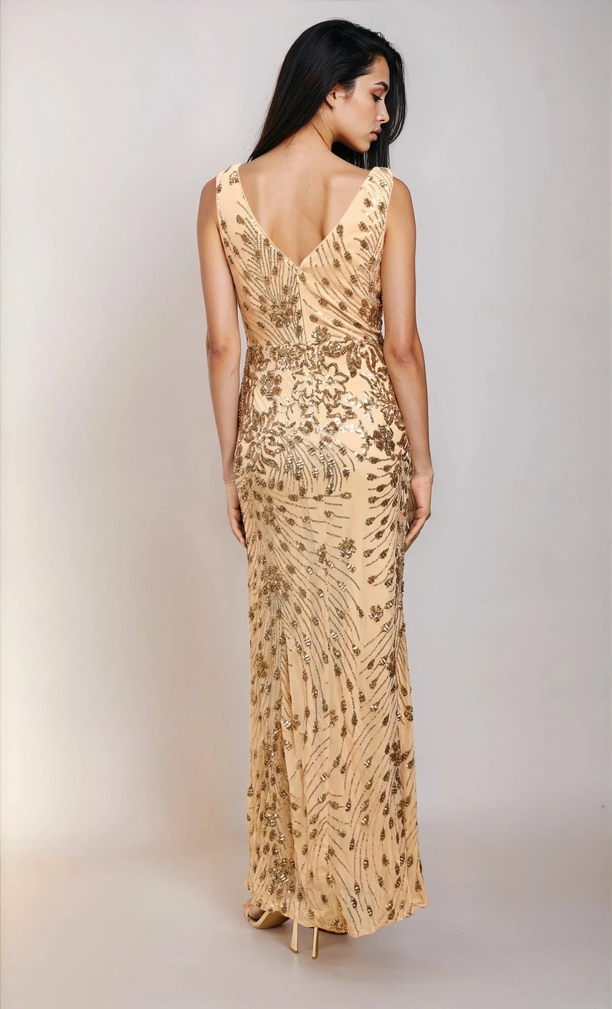 Nadia Gold Sequin Embellished Side Gather Maxi Dress