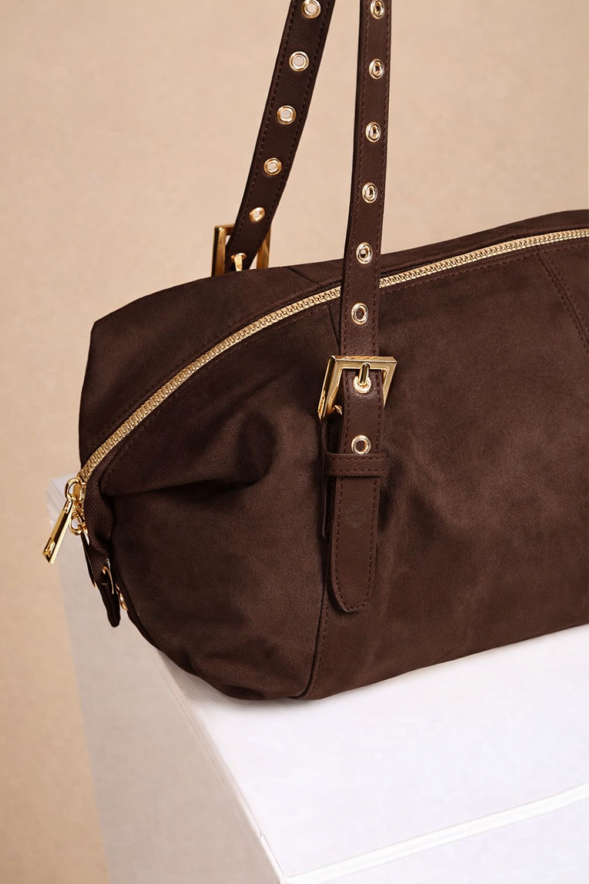 Chocolate Faux Suede Shoulder Bag