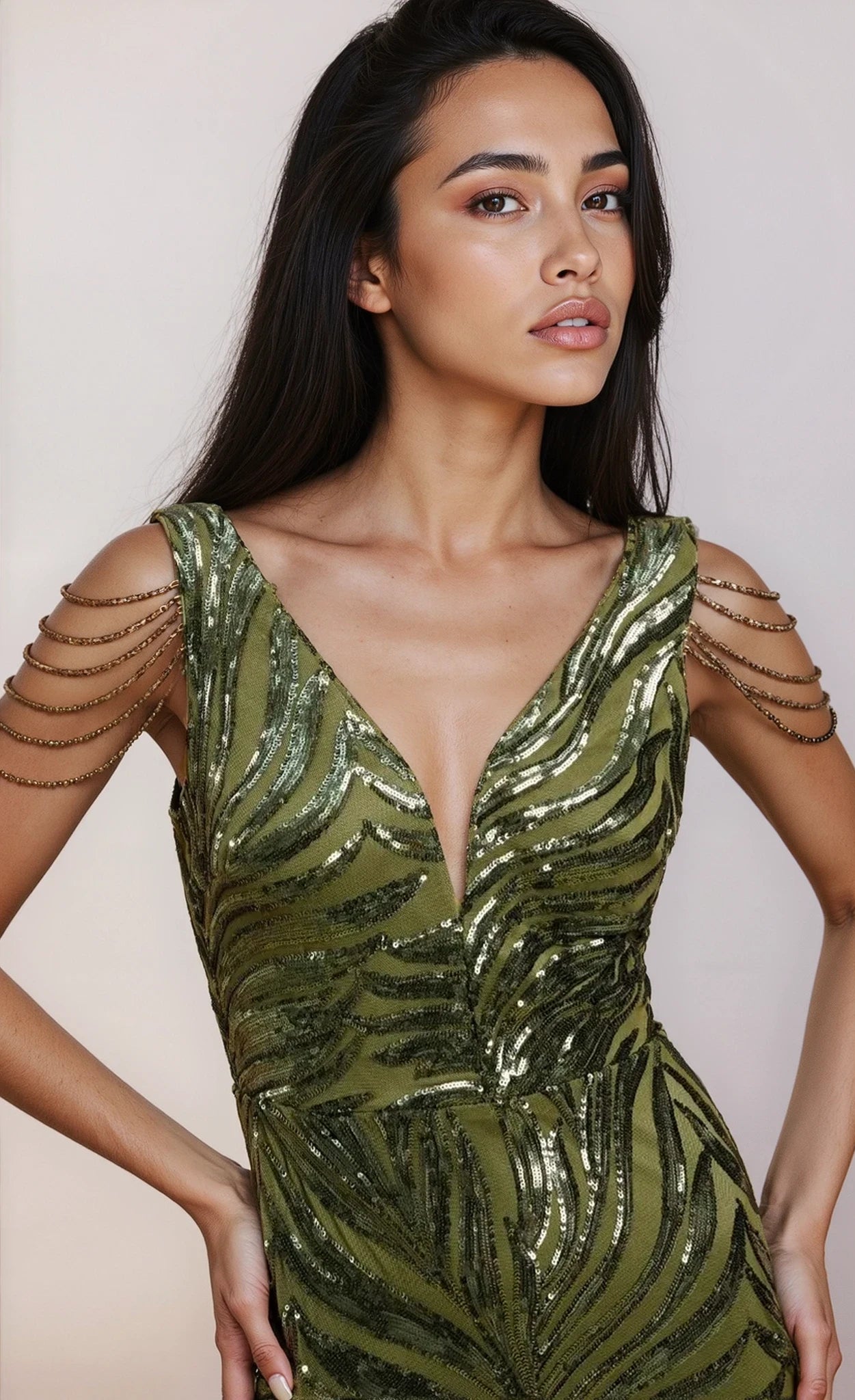 Violette Khaki Sequin Fishtail Maxi Dress