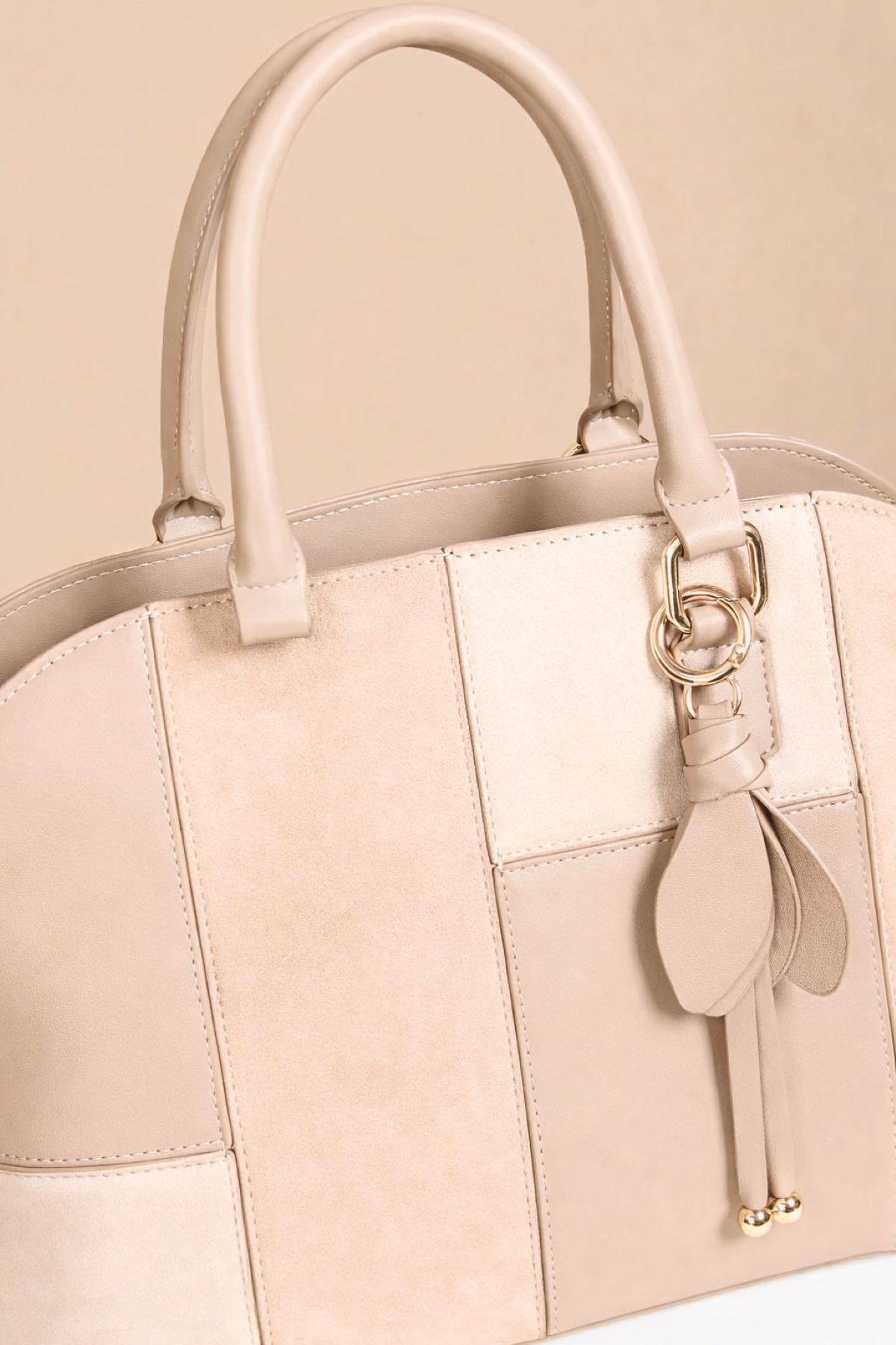 Beige Faux Leather & Suede Patchwork Midi Tote