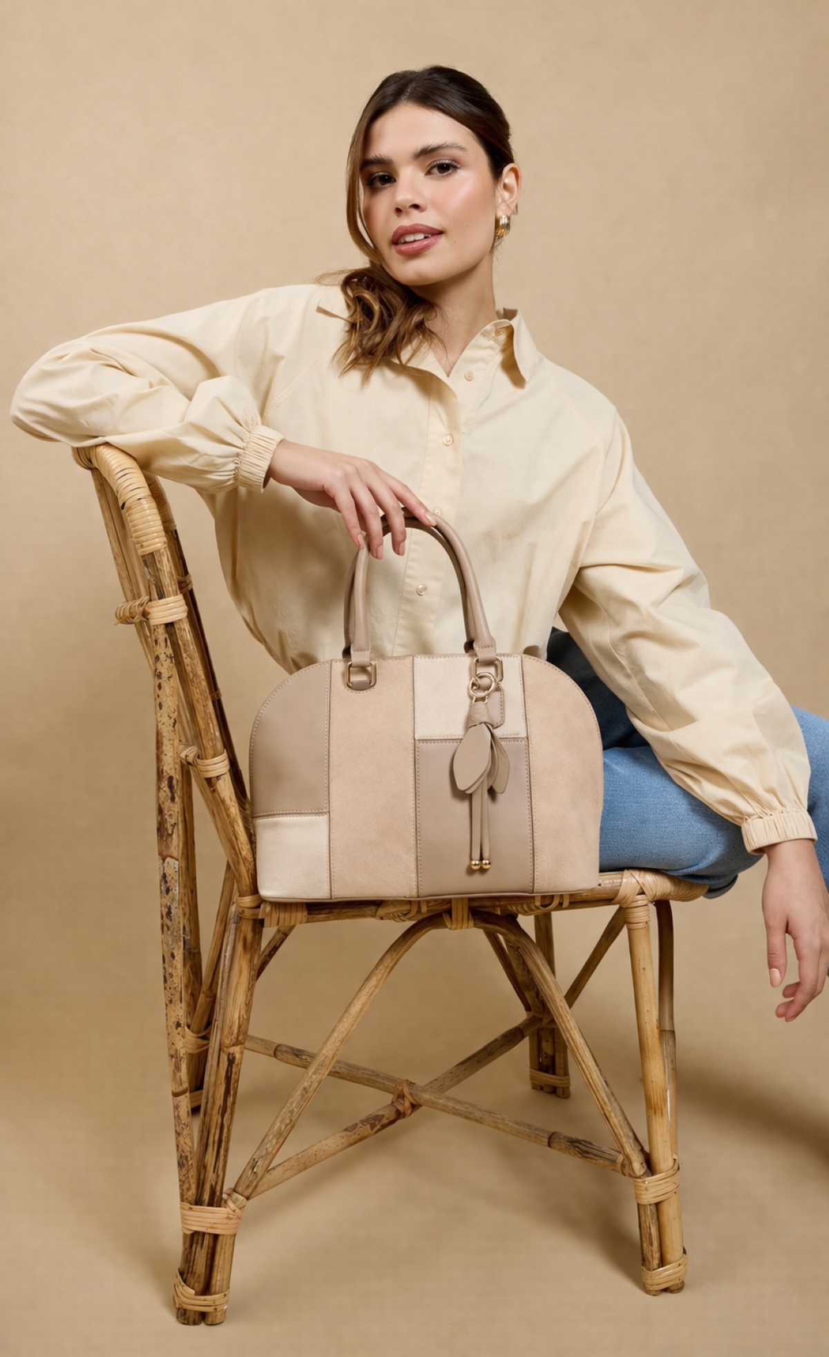 Beige Faux Leather & Suede Patchwork Midi Tote