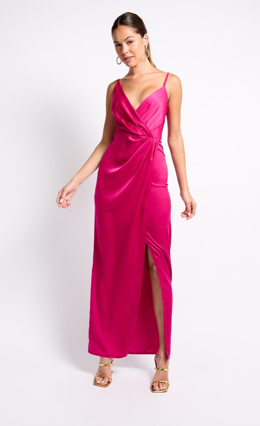 iSKA Pink Satin Mock Wrap Maxi Dress
