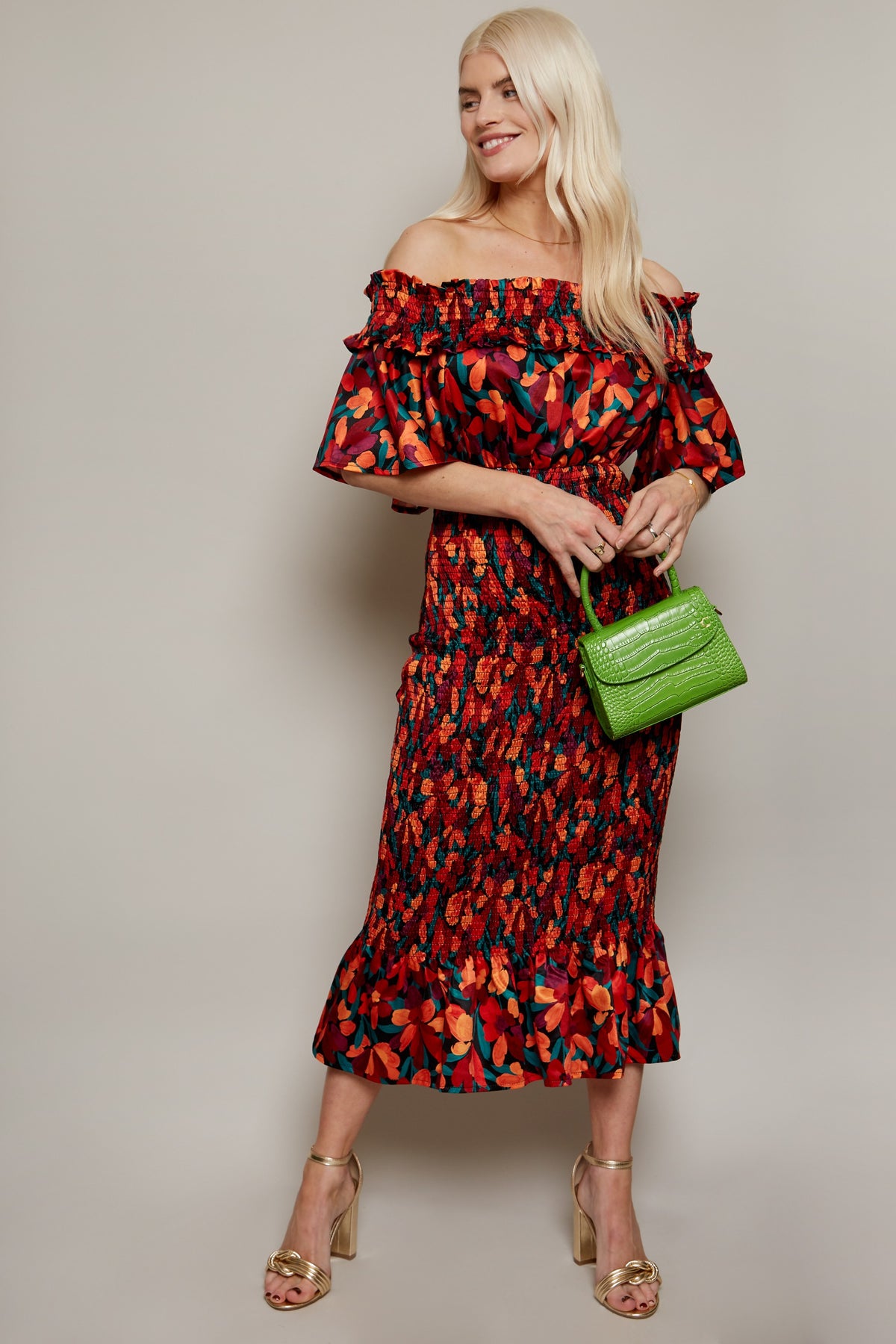 Floral Shirred Bodycon Bardot Dress