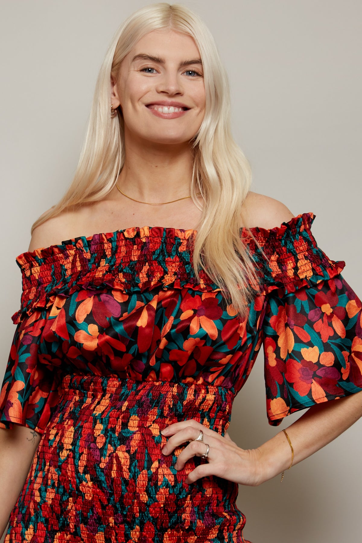 Floral Shirred Bodycon Bardot Dress