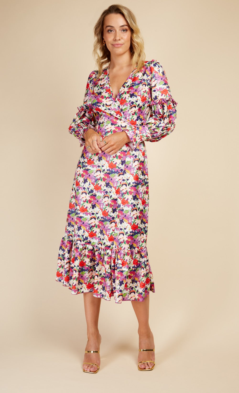 Floral Satin Wrap Dress with Peplum Hem