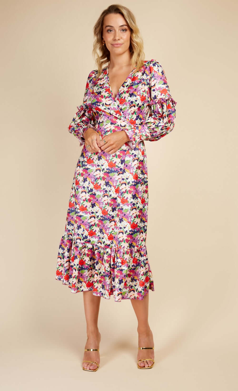 Floral Satin Wrap Dress with Peplum Hem featuring vibrant blooms and puffed sleeves, perfect for occasions.