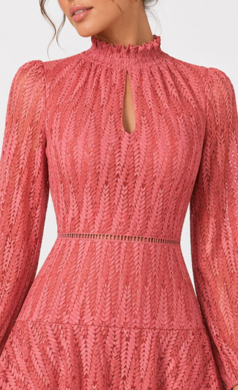 Coral lace high neck mini dress featuring a chic keyhole design and long sleeves for a stylish look.