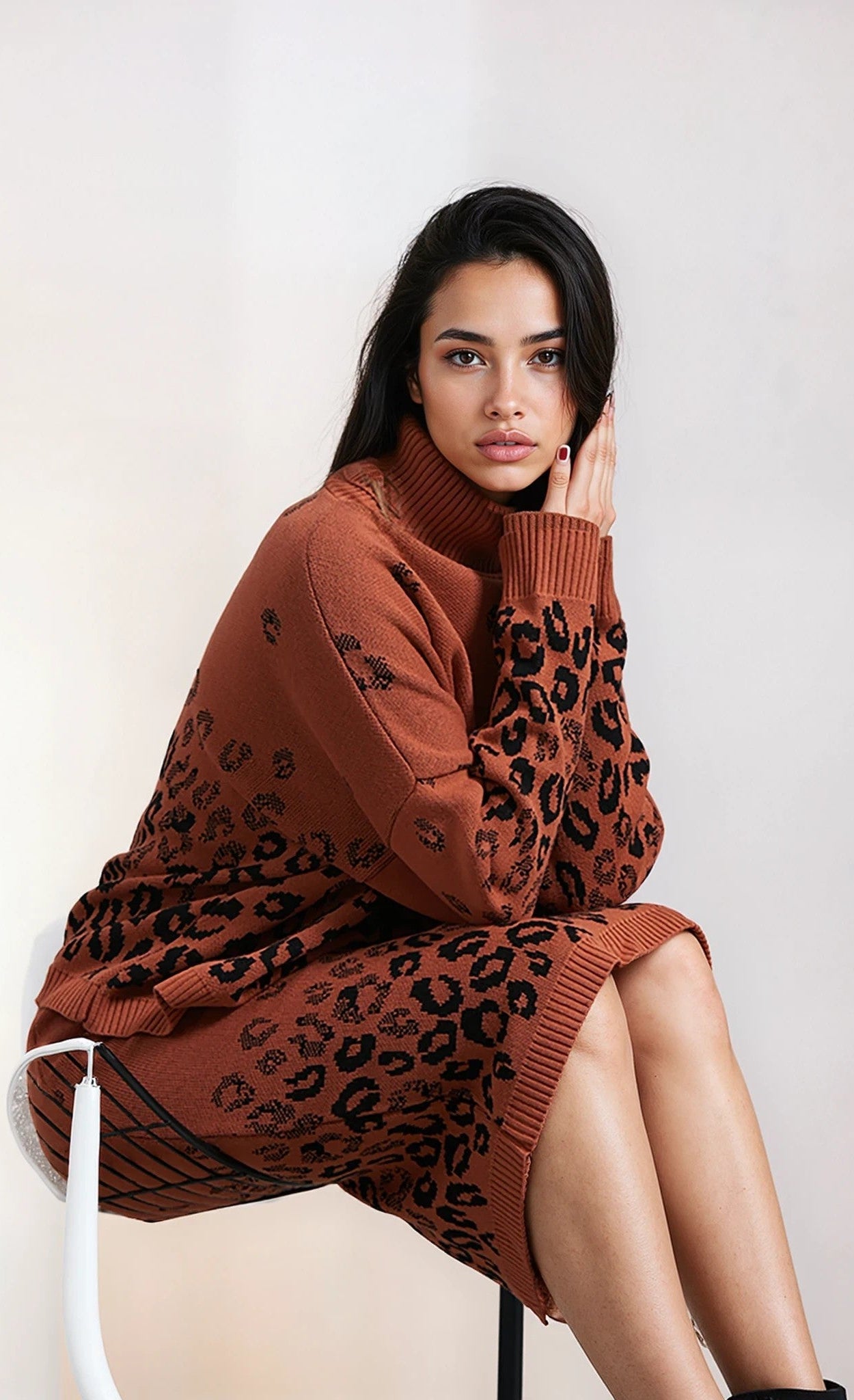 Knitted Leopard Midi Skirt And Jumper Co-Ord Set