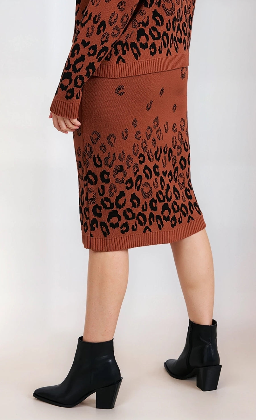 Knitted Leopard Midi Skirt And Jumper Co-Ord Set
