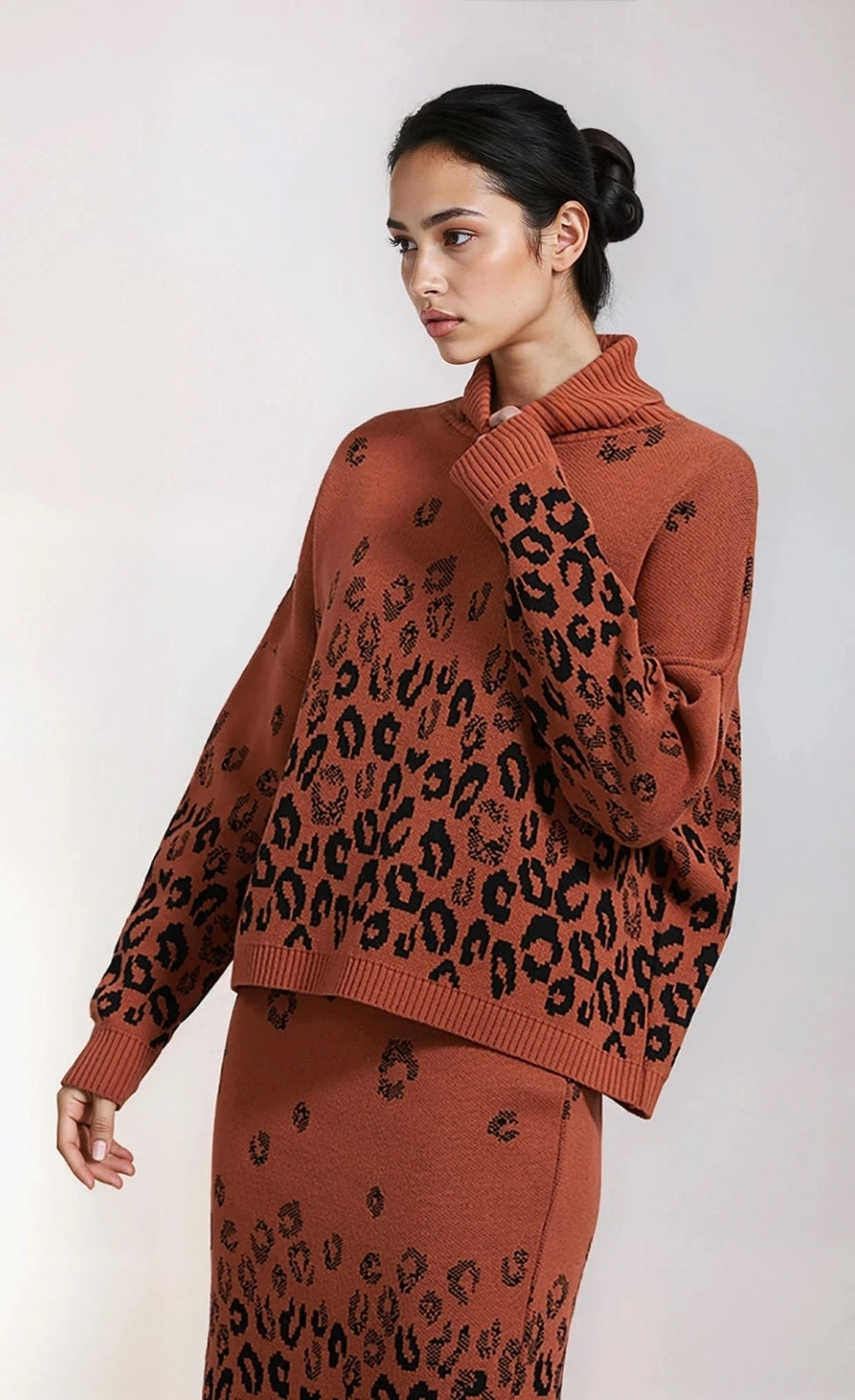 Knitted Leopard Midi Skirt And Jumper Co-Ord Set