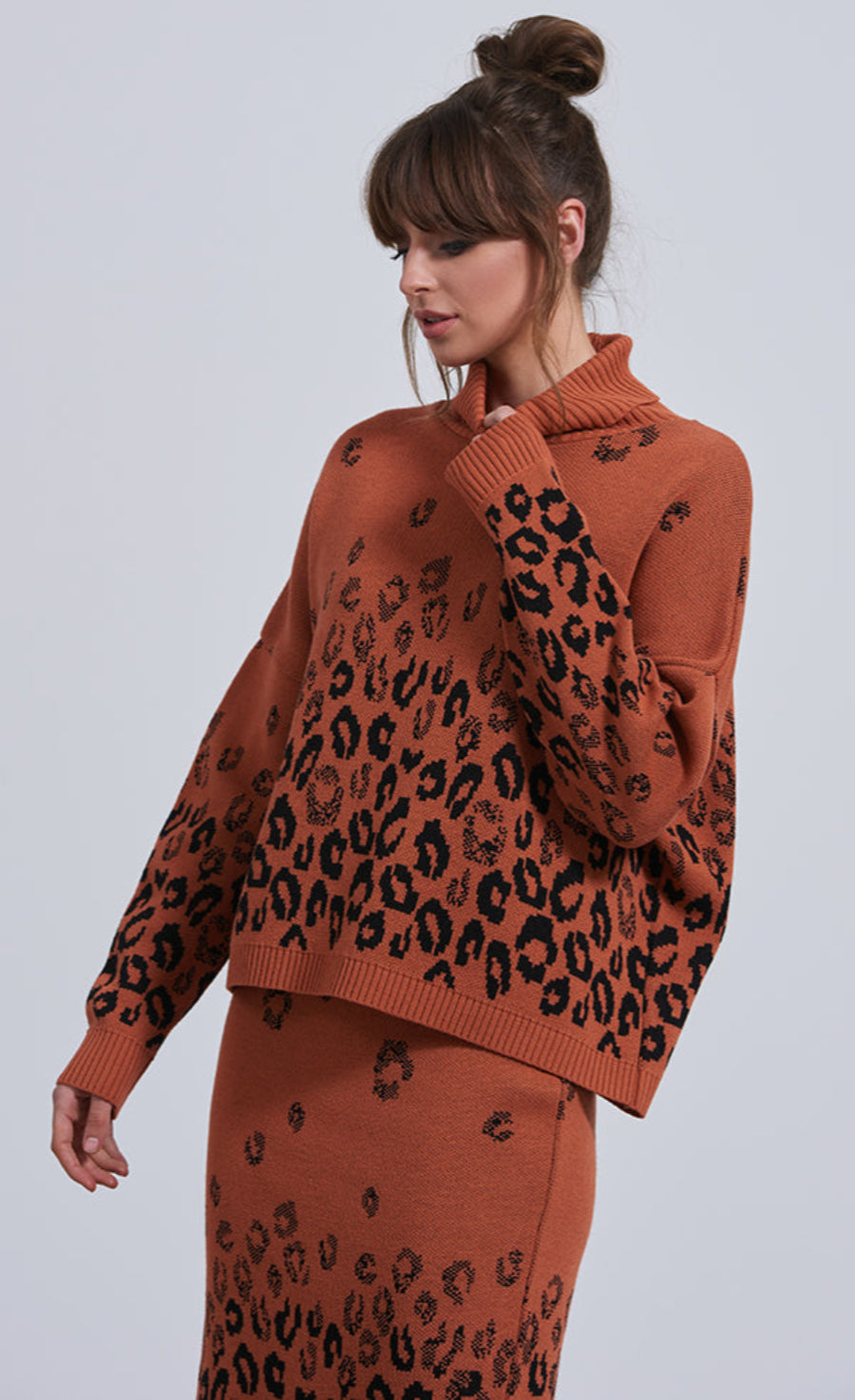 Knitted Leopard Midi Skirt And Jumper Co-Ord Set