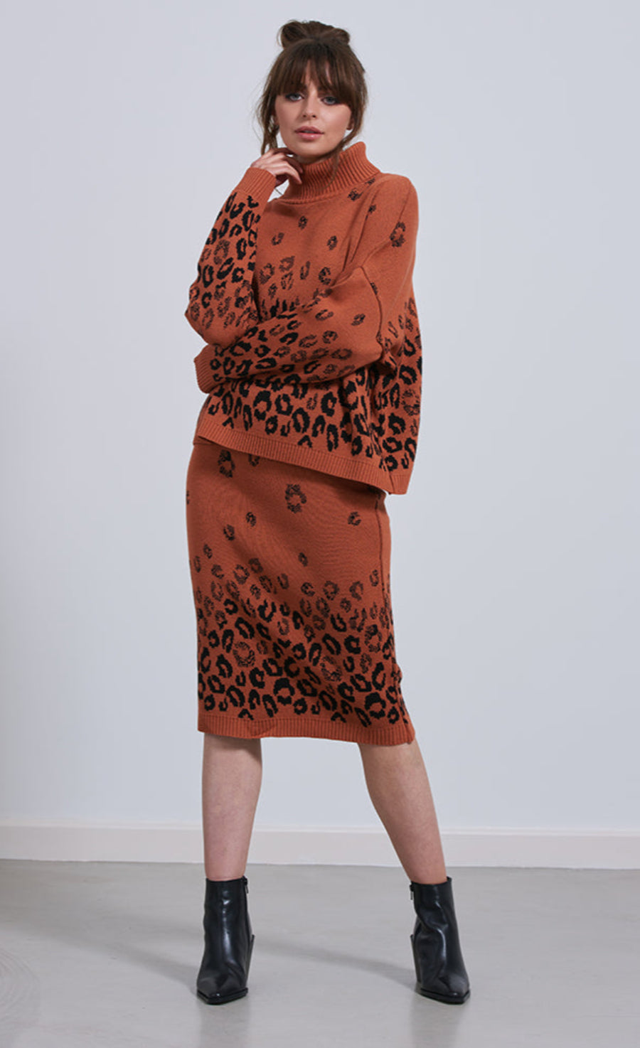 Knitted Leopard Midi Skirt And Jumper Co-Ord Set