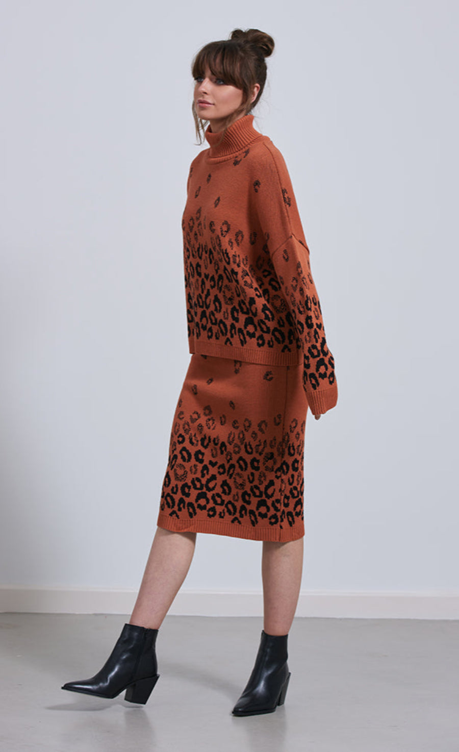 Knitted Leopard Midi Skirt And Jumper Co-Ord Set