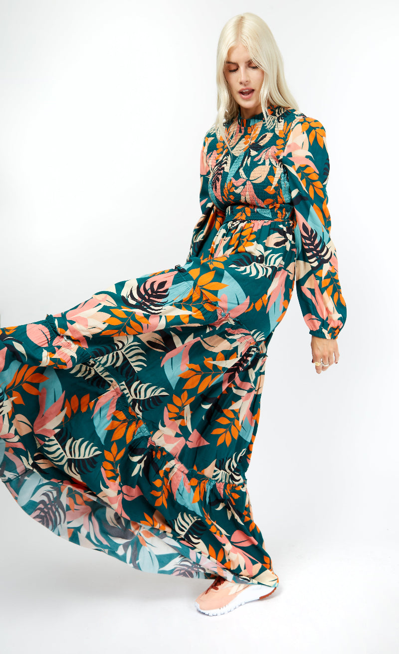 Ryder Leaf Print Shirt Style Maxi Dress