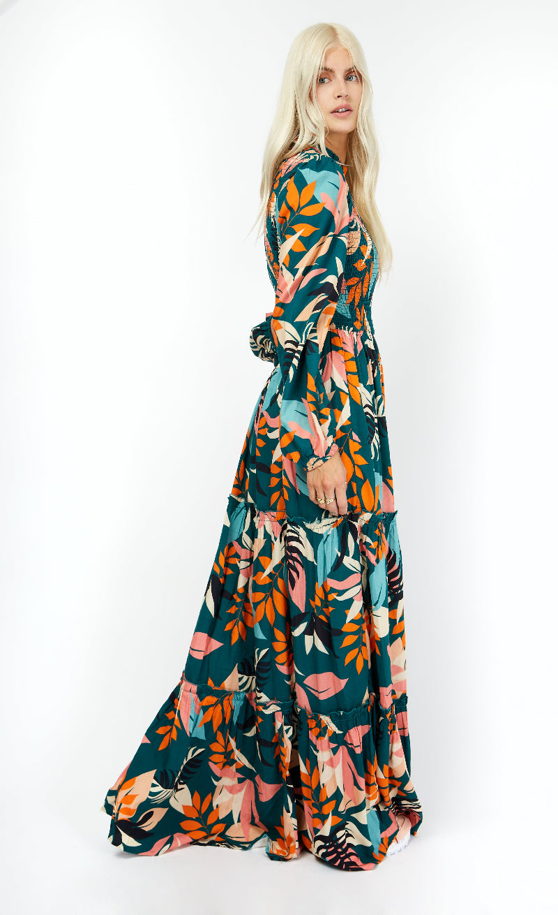 Ryder Leaf Print Shirt Style Maxi Dress