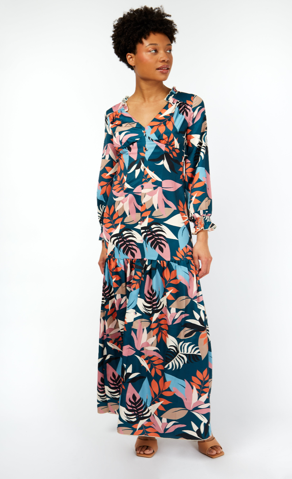 Barcelona Leaf Print Satin Frill Maxi Dress