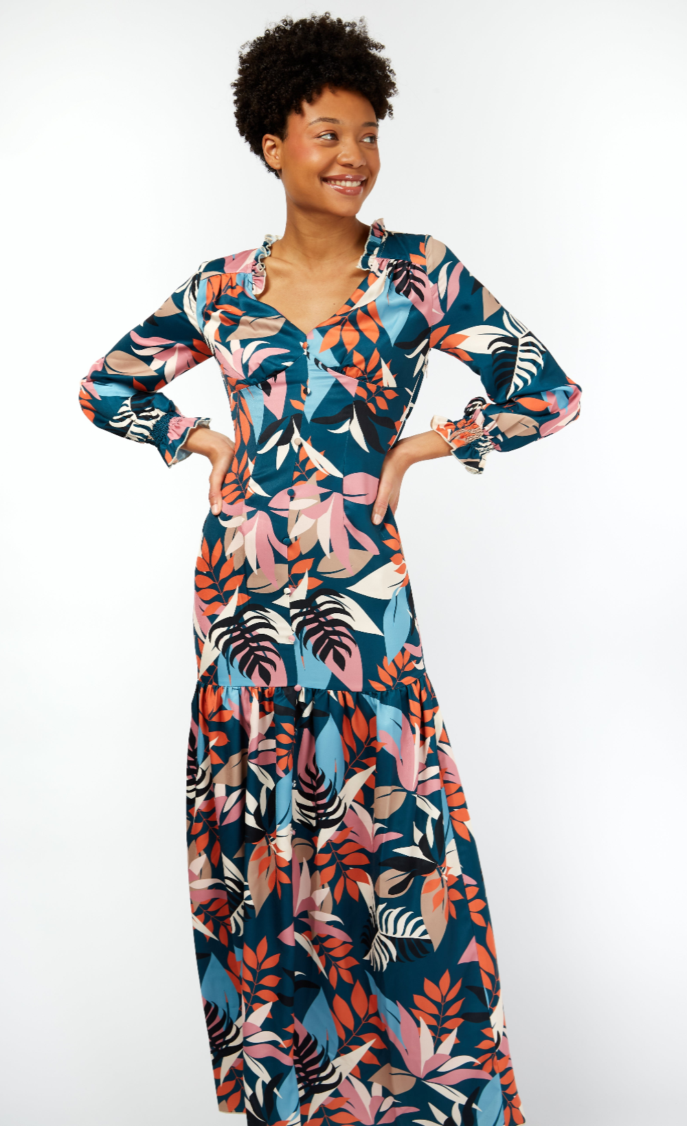 Barcelona Leaf Print Satin Frill Maxi Dress