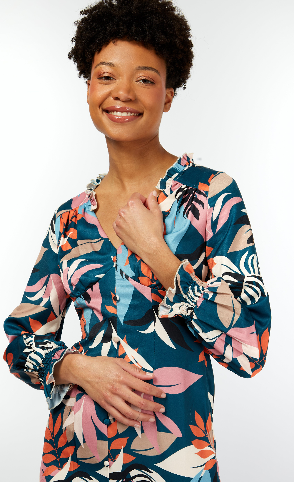 Barcelona Leaf Print Satin Frill Maxi Dress