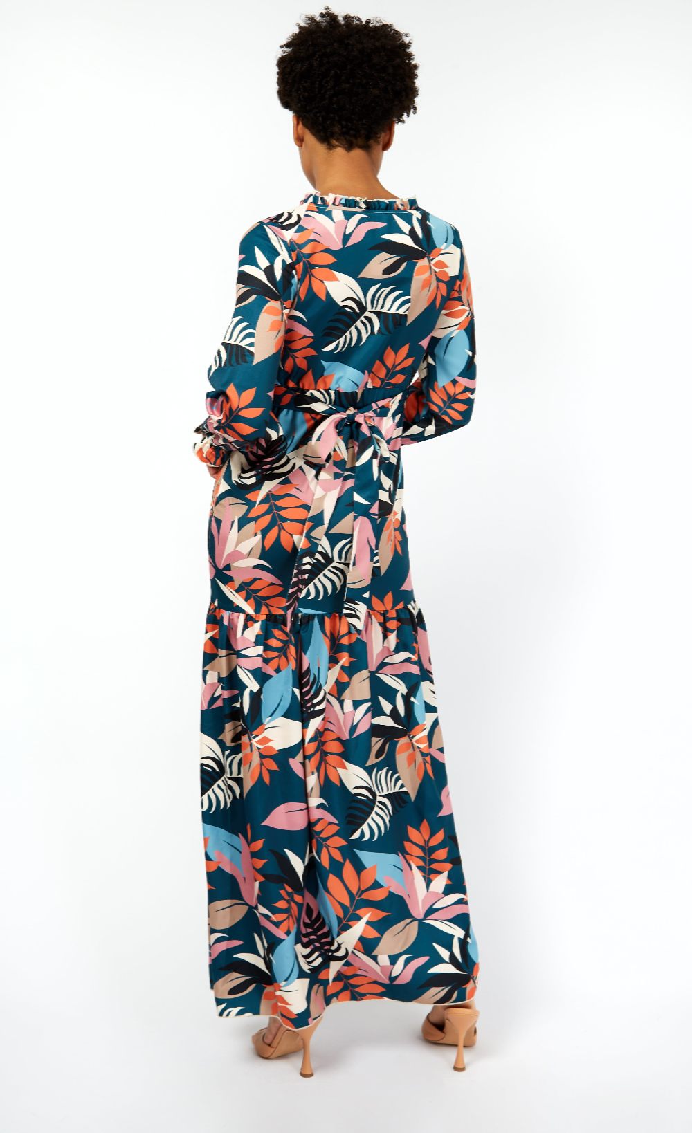 Barcelona Leaf Print Satin Frill Maxi Dress