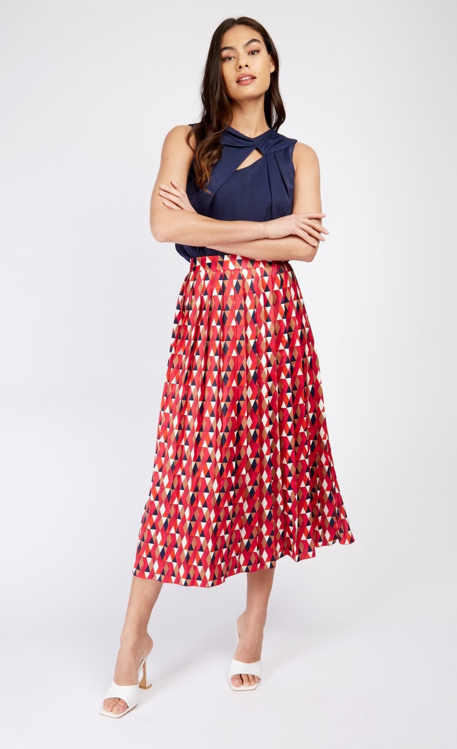 Geo Print Satin Pleated Midi Skirt