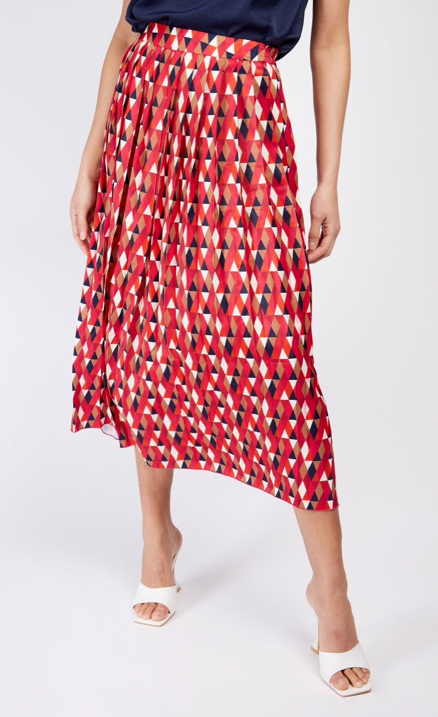 Geo Print Satin Pleated Midi Skirt