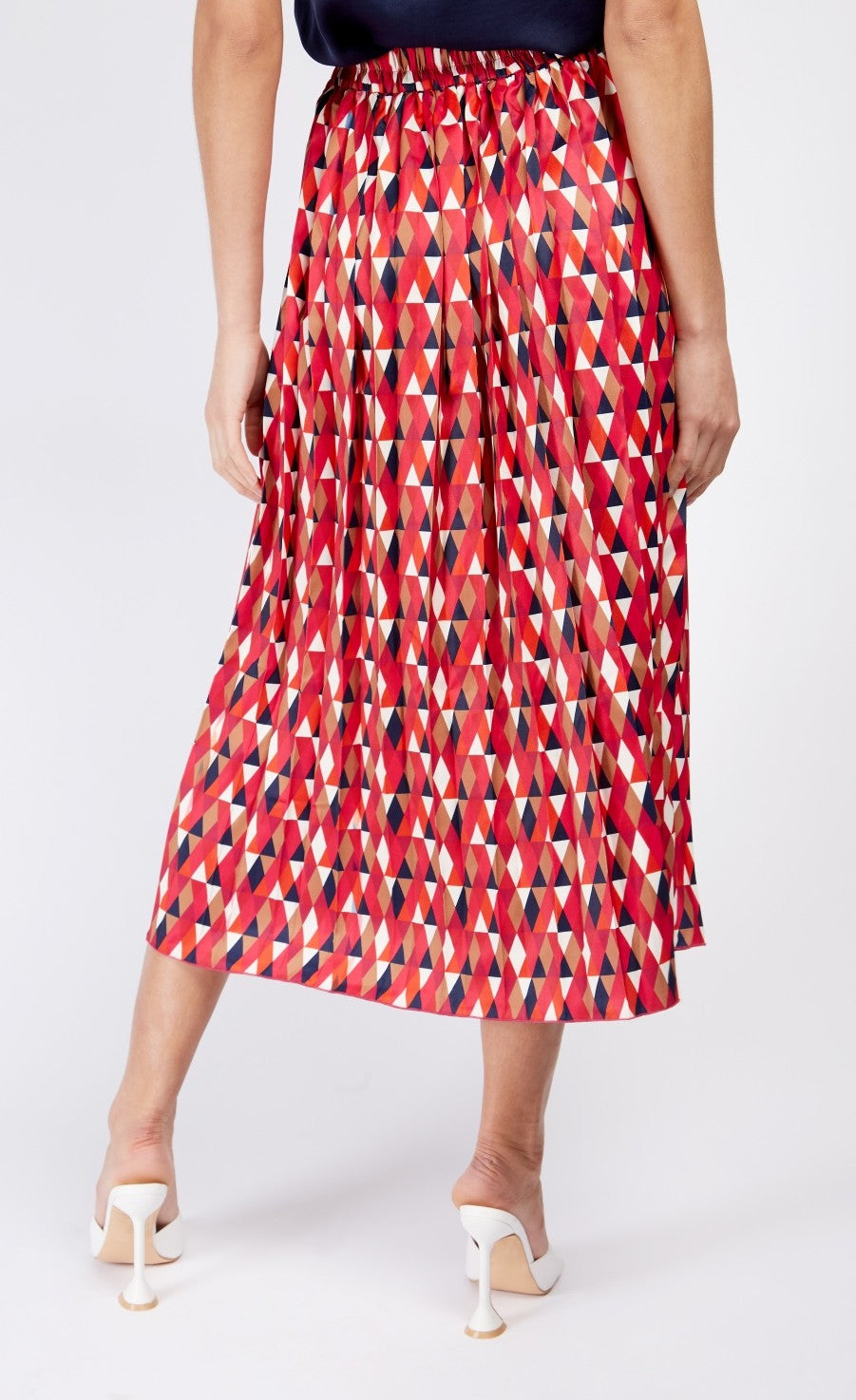 Geo Print Satin Pleated Midi Skirt