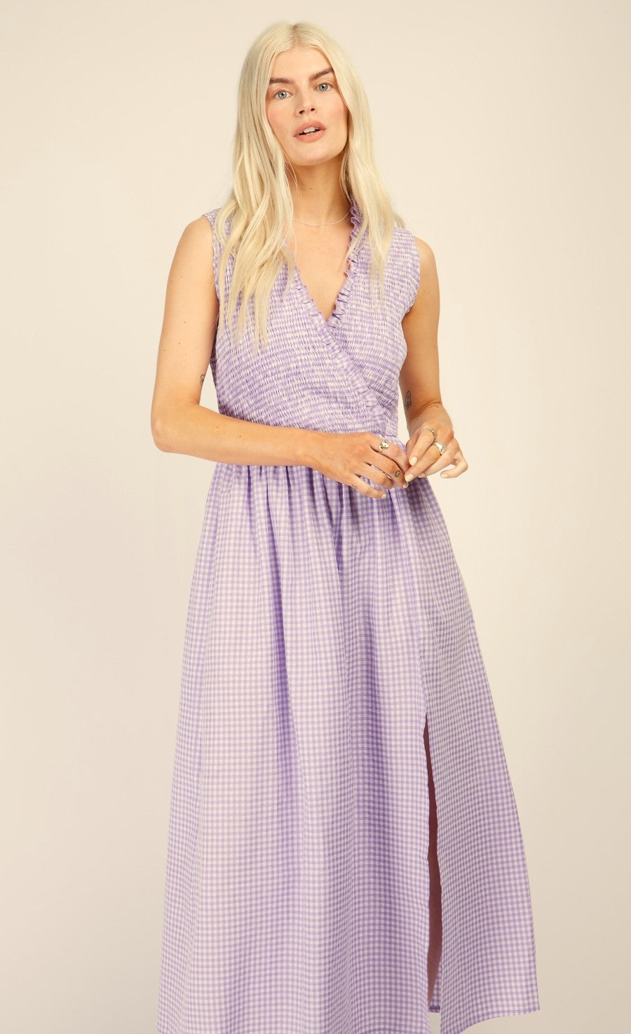Lilac Gingham Shirred Midi Dress