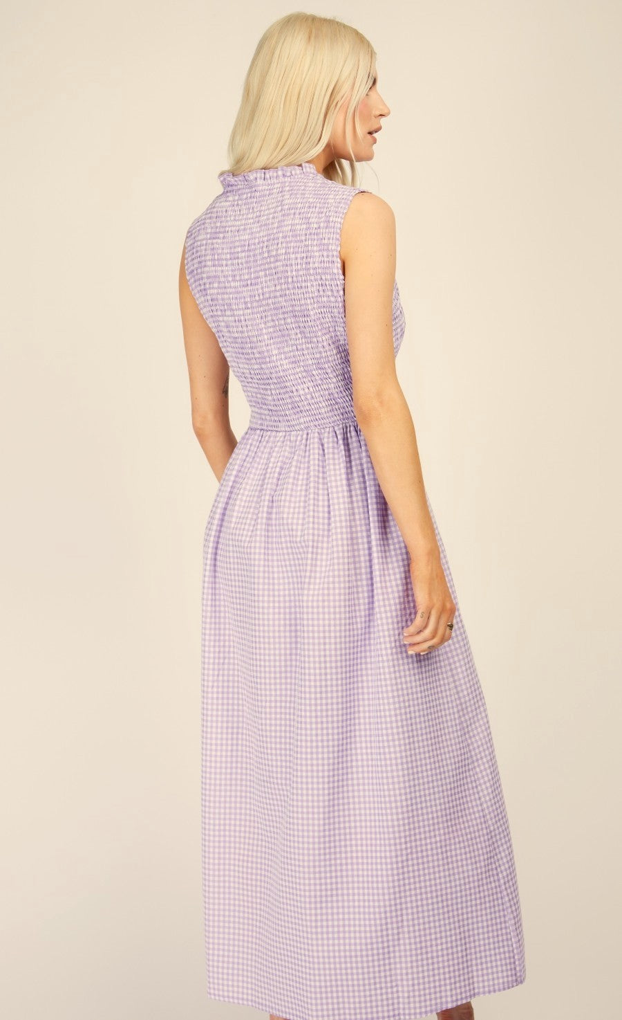 Lilac Gingham Shirred Midi Dress