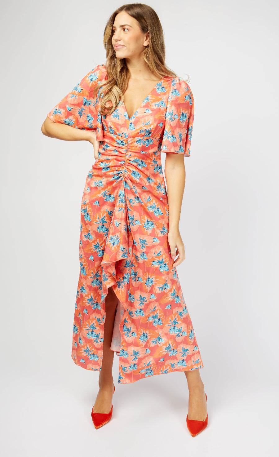 Malorie Floral Print Ruched Front Maxi Dress