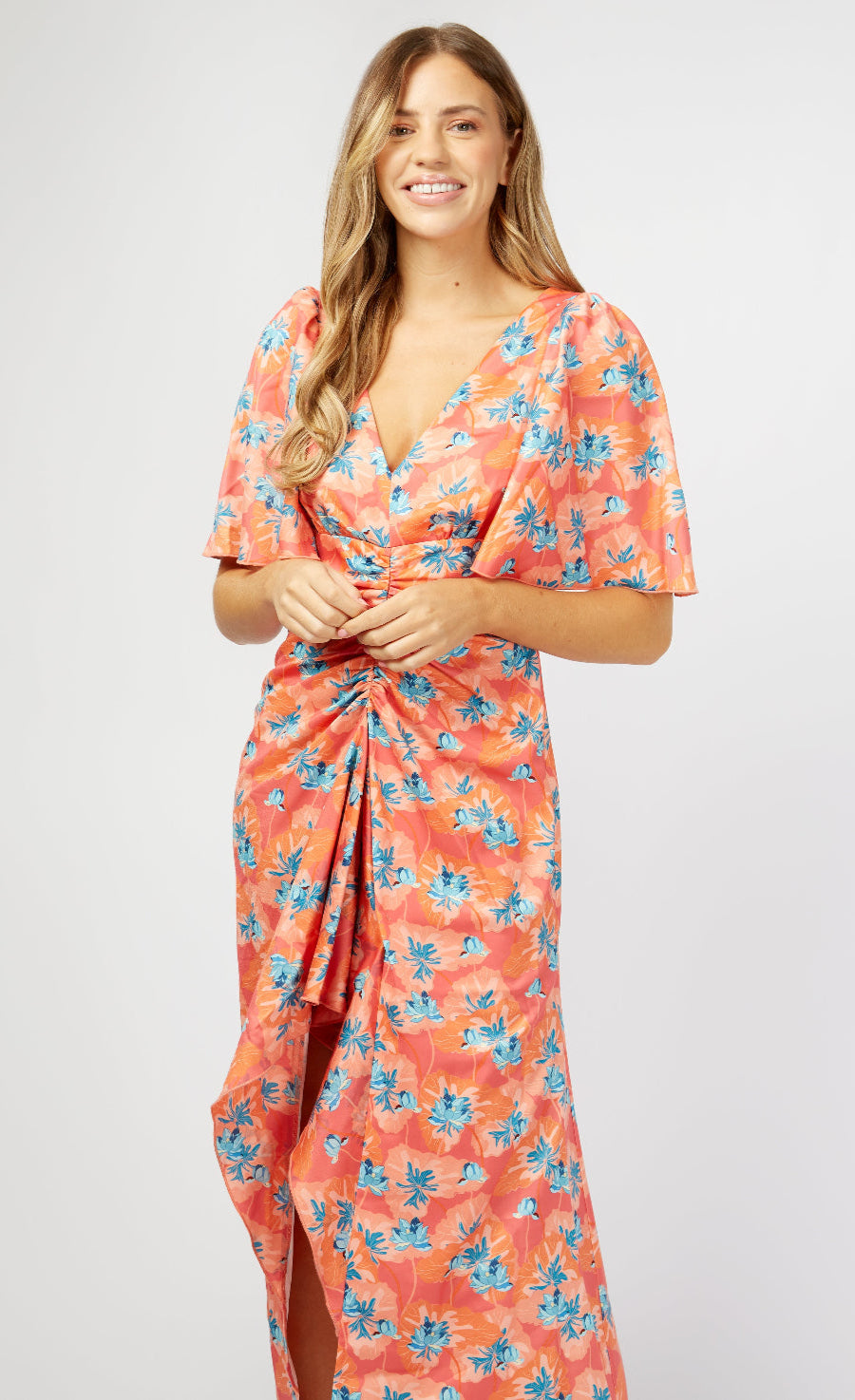 Malorie Floral Print Ruched Front Maxi Dress