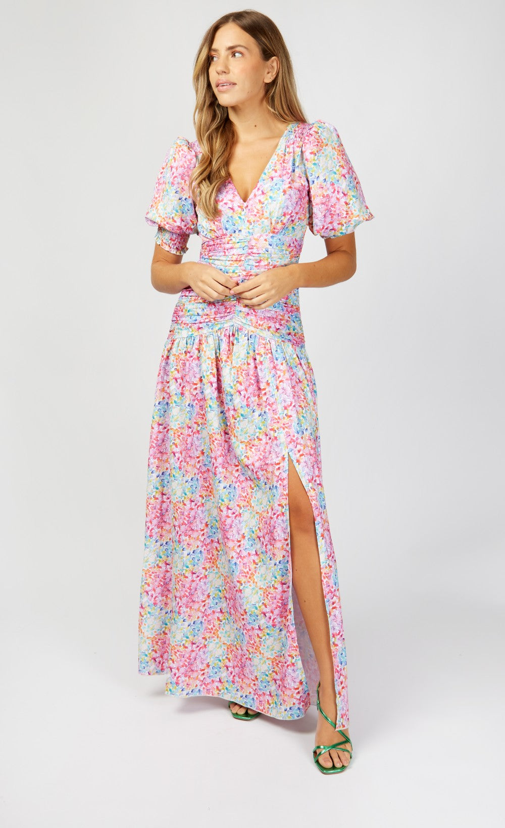 Hastings Multi Spot Print Gathered Puff Sleeve Maxi Dress