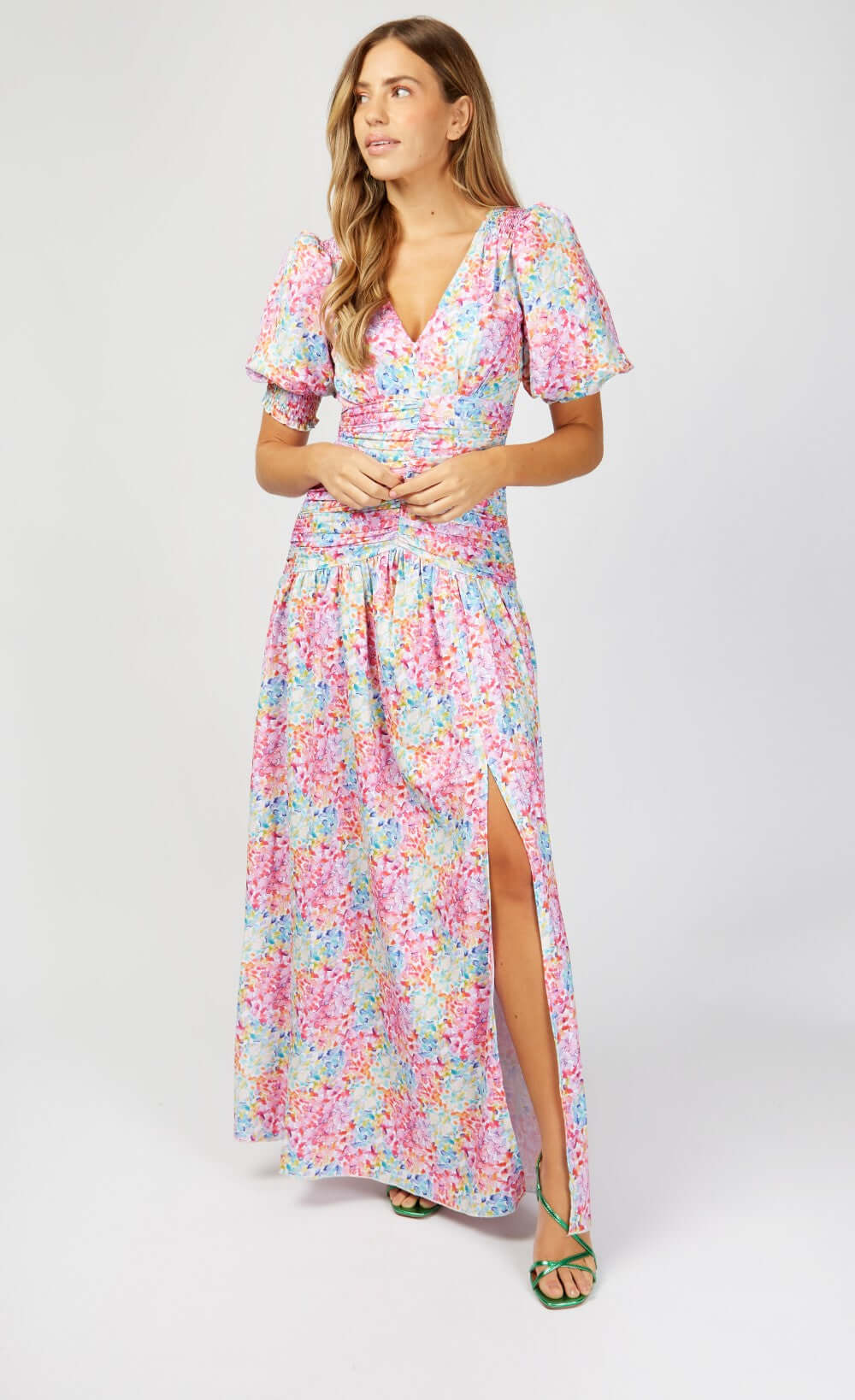 Hastings Multi Spot Print Gathered Puff Sleeve Maxi Dress showcasing vibrant colors and thigh-high split.