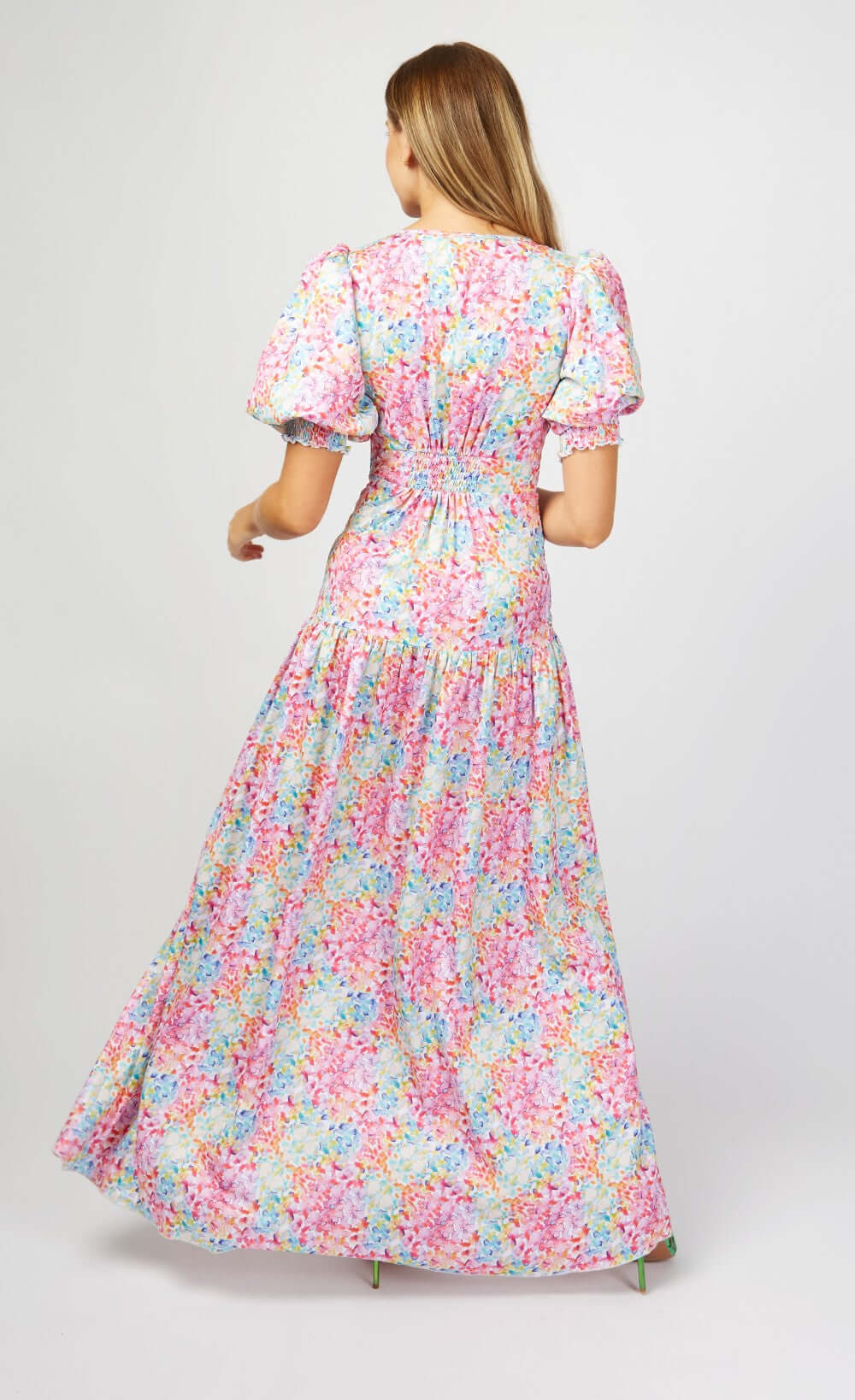 Hastings Multi Spot Print Gathered Puff Sleeve Maxi Dress back view showcasing vibrant floral design and flowing silhouette.