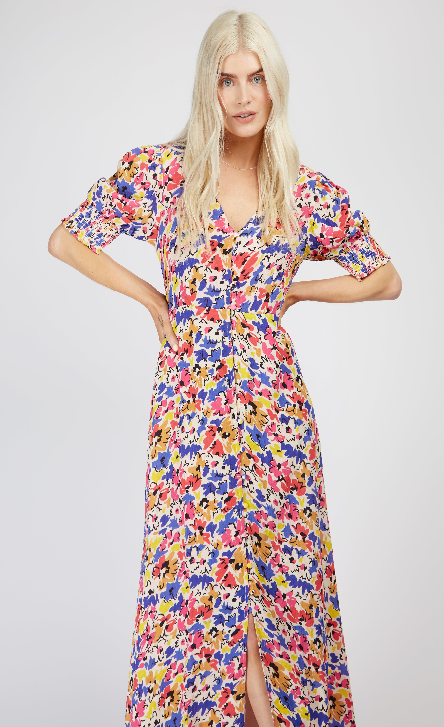 Floral Print Button Detail Midi Dress