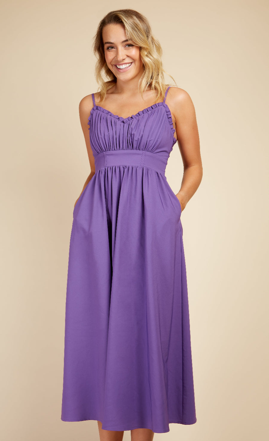Purple Frill Neckline Midi Dress