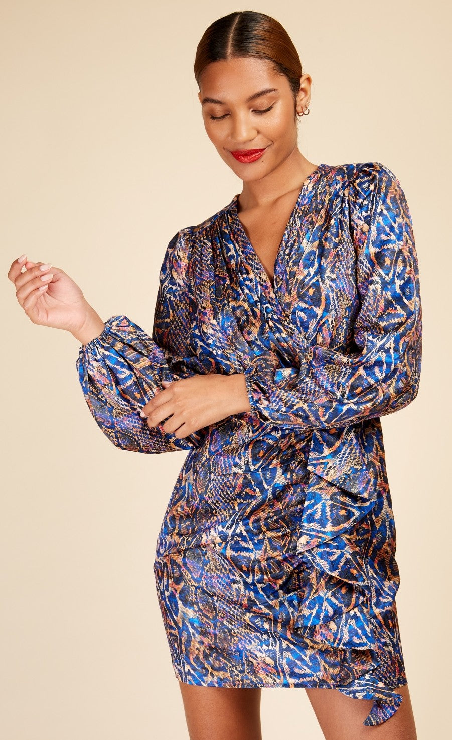 Snake Satin Draped Frill Mini Dress