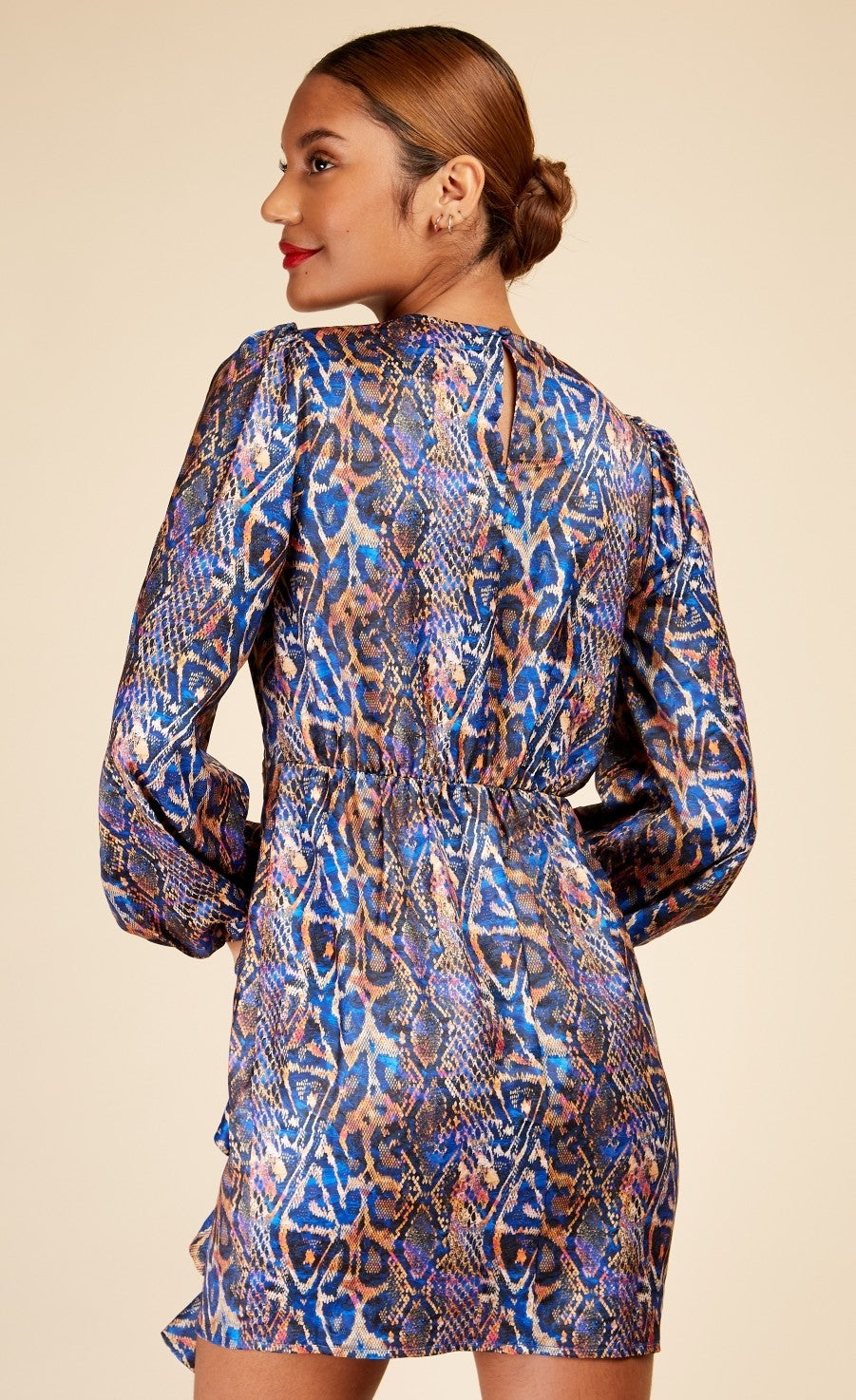 Snake Satin Draped Frill Mini Dress