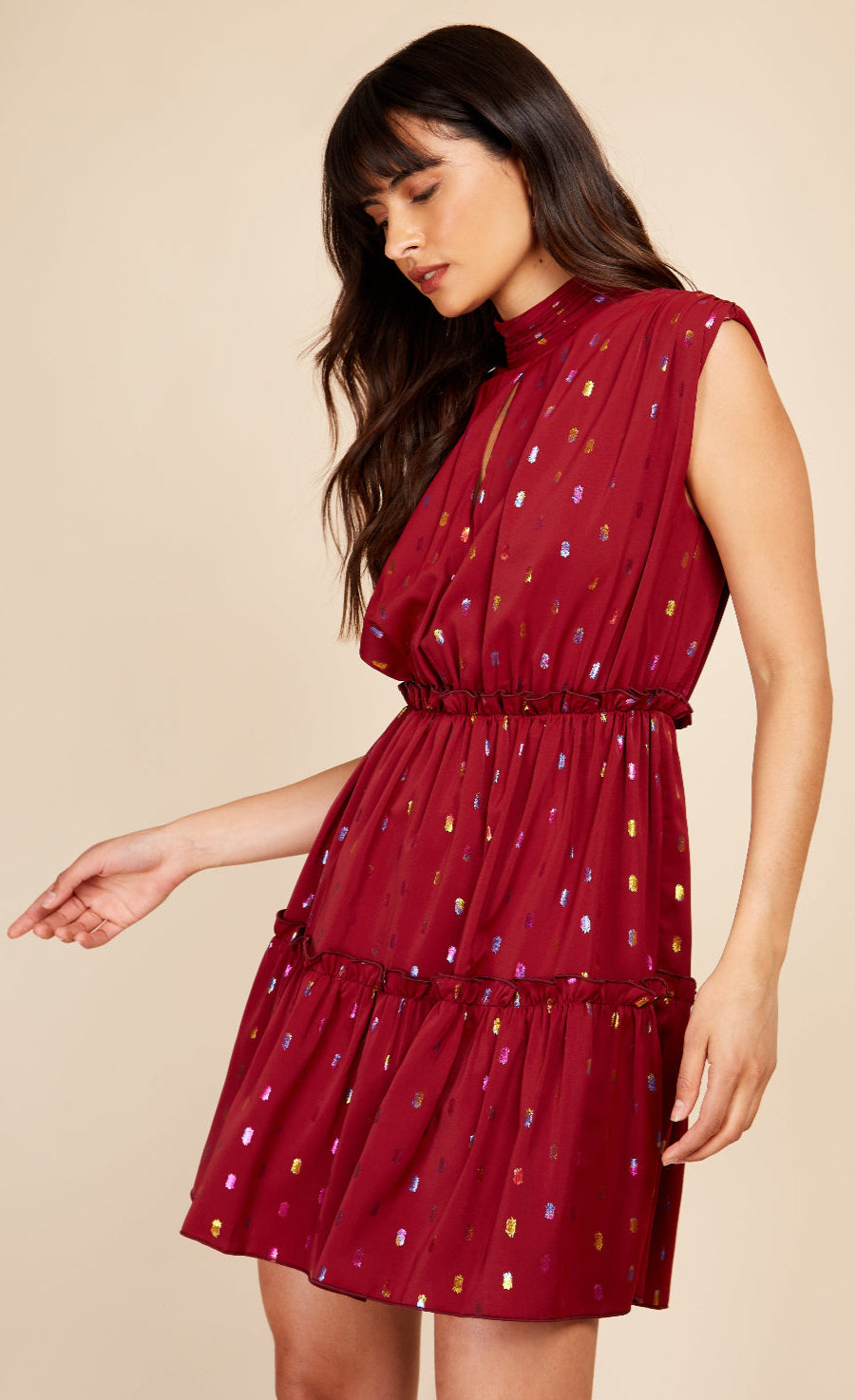Berry Rainbow Foil Tiered Mini Dress