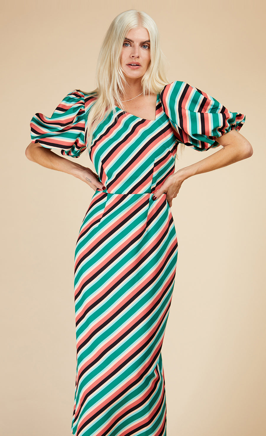 Stripe Asymmetric Neck Midaxi Bodycon Dress