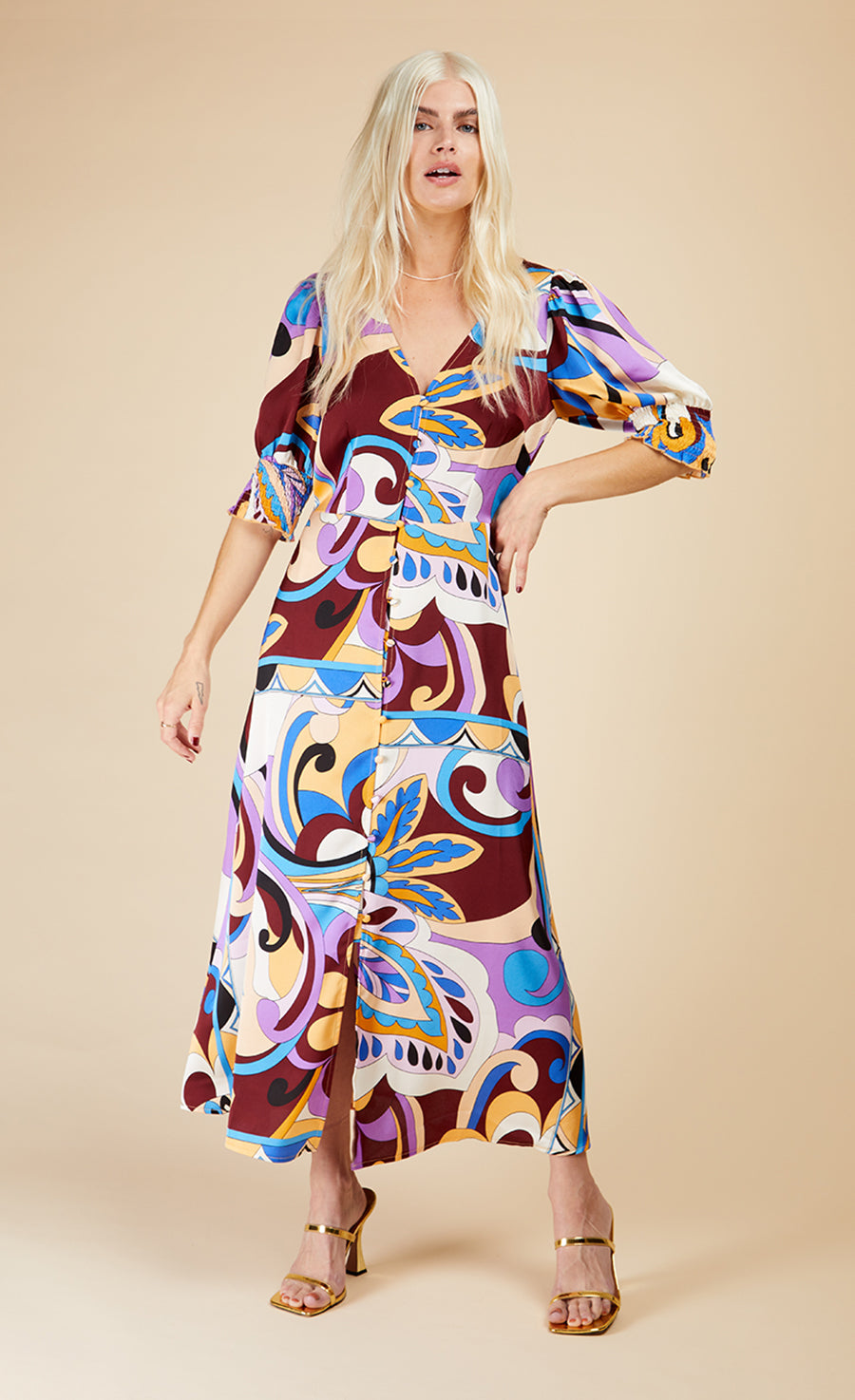 Retro Print Button Front Midi Dress