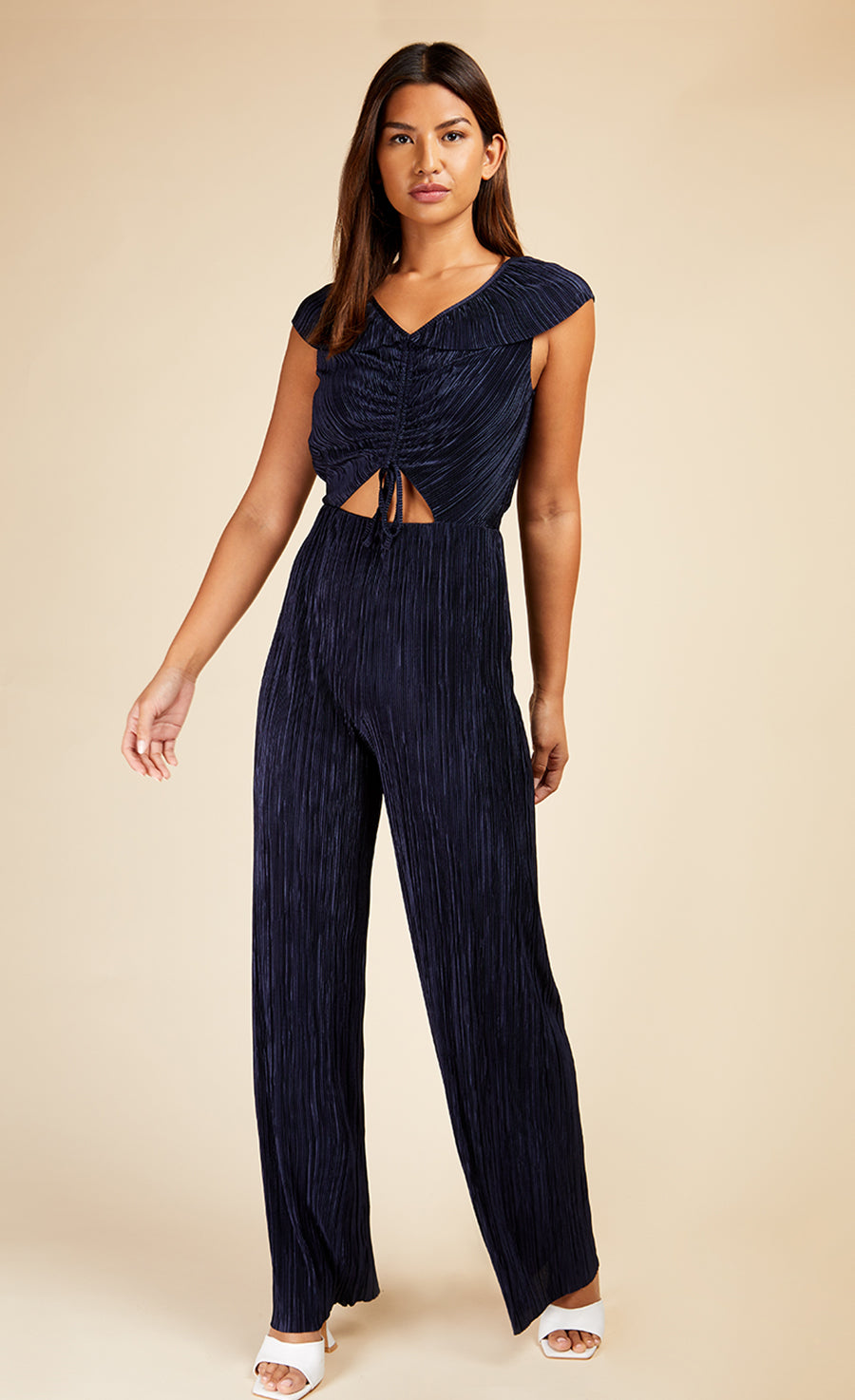 Navy Plisse Tie Detail Jumpsuit