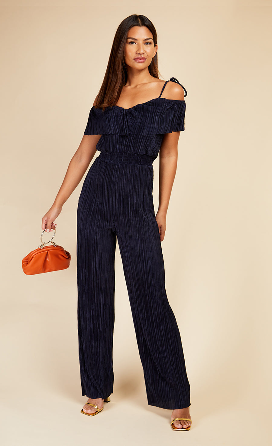 Navy Plisse Cold Shoulder Jumpsuit