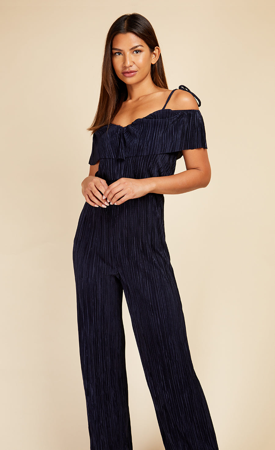Navy Plisse Cold Shoulder Jumpsuit
