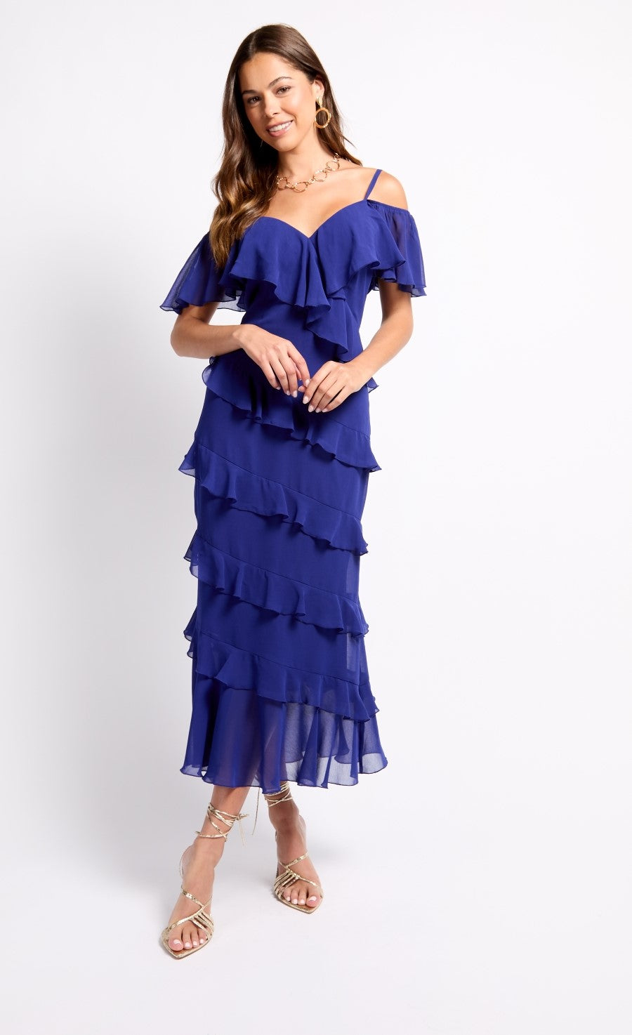 iSKA Cobalt Frill Cold Shoulder Midaxi Dress