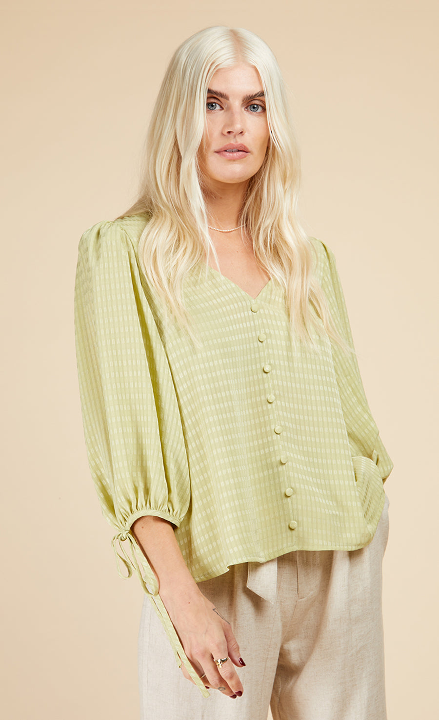 Chartreuse Check Button Detail Top