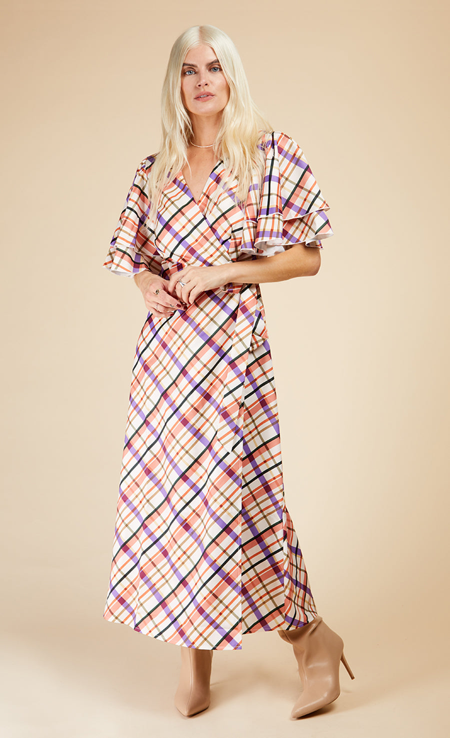 Check Layered Sleeve Midaxi Wrap Dress