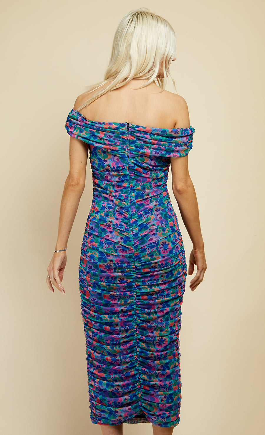 Blue Floral Print Ruched Bardot Midi Dress