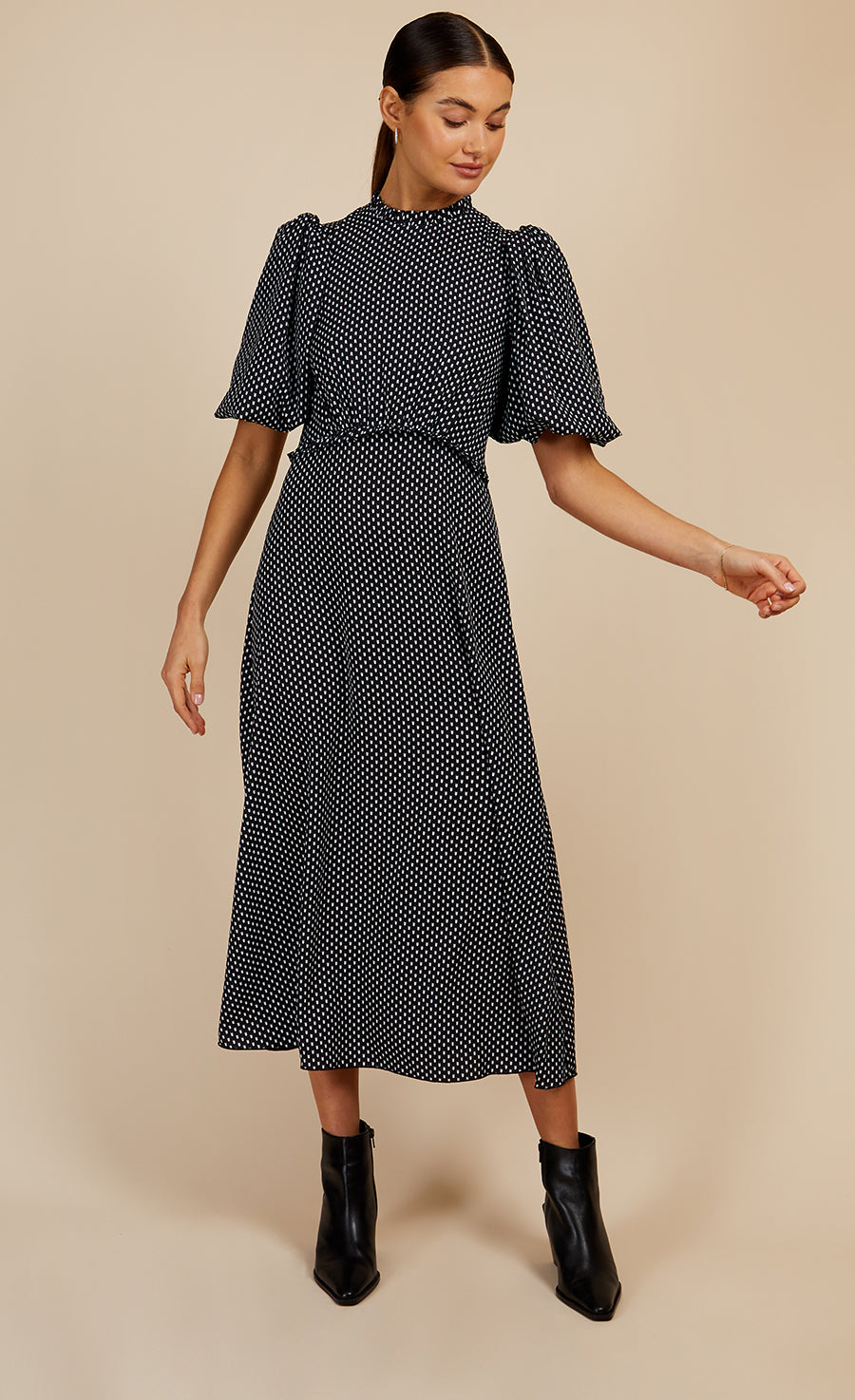 Black Dart Print Puff Sleeve Midaxi Dress