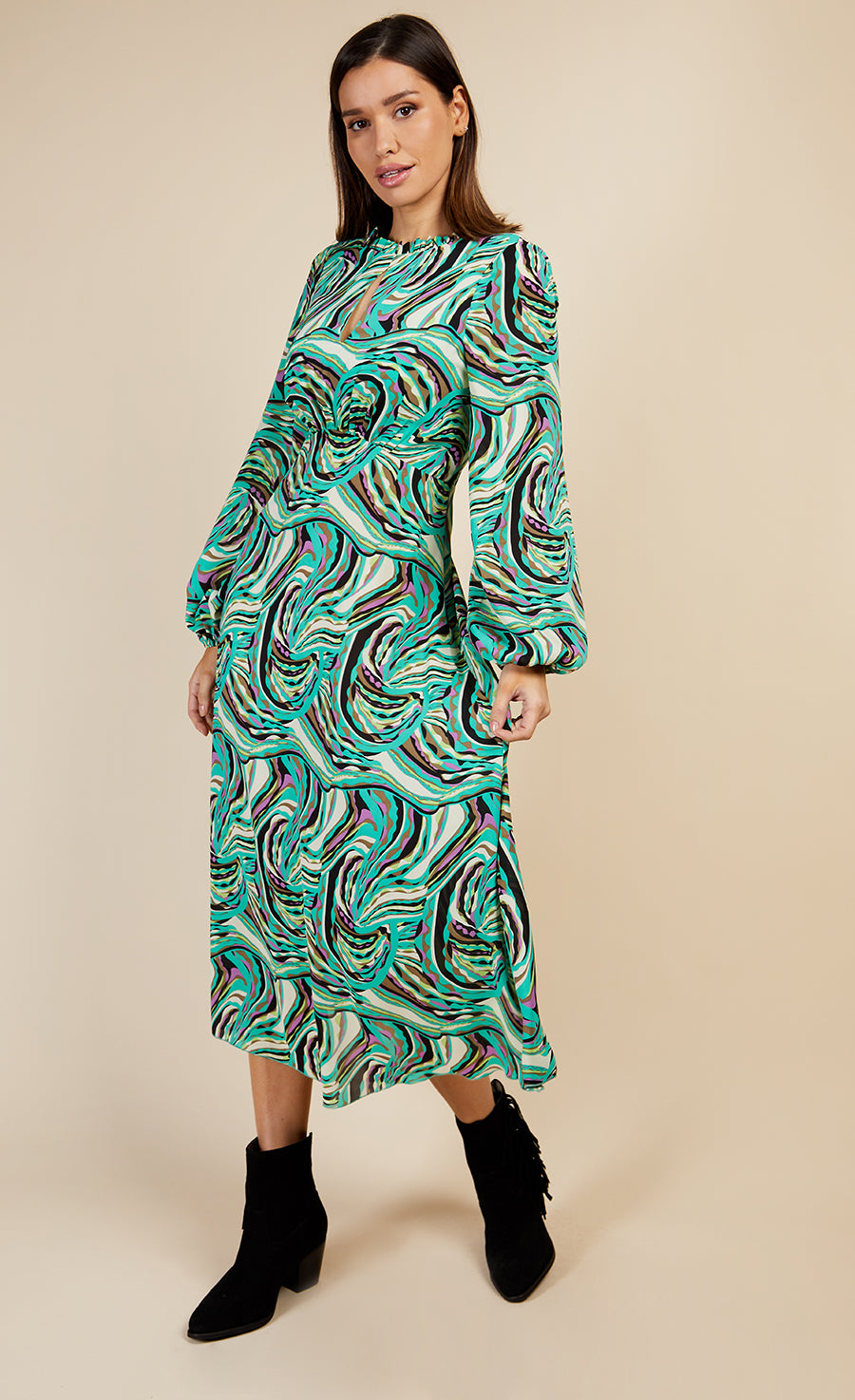 Green Retro Print Midaxi Smock Dress